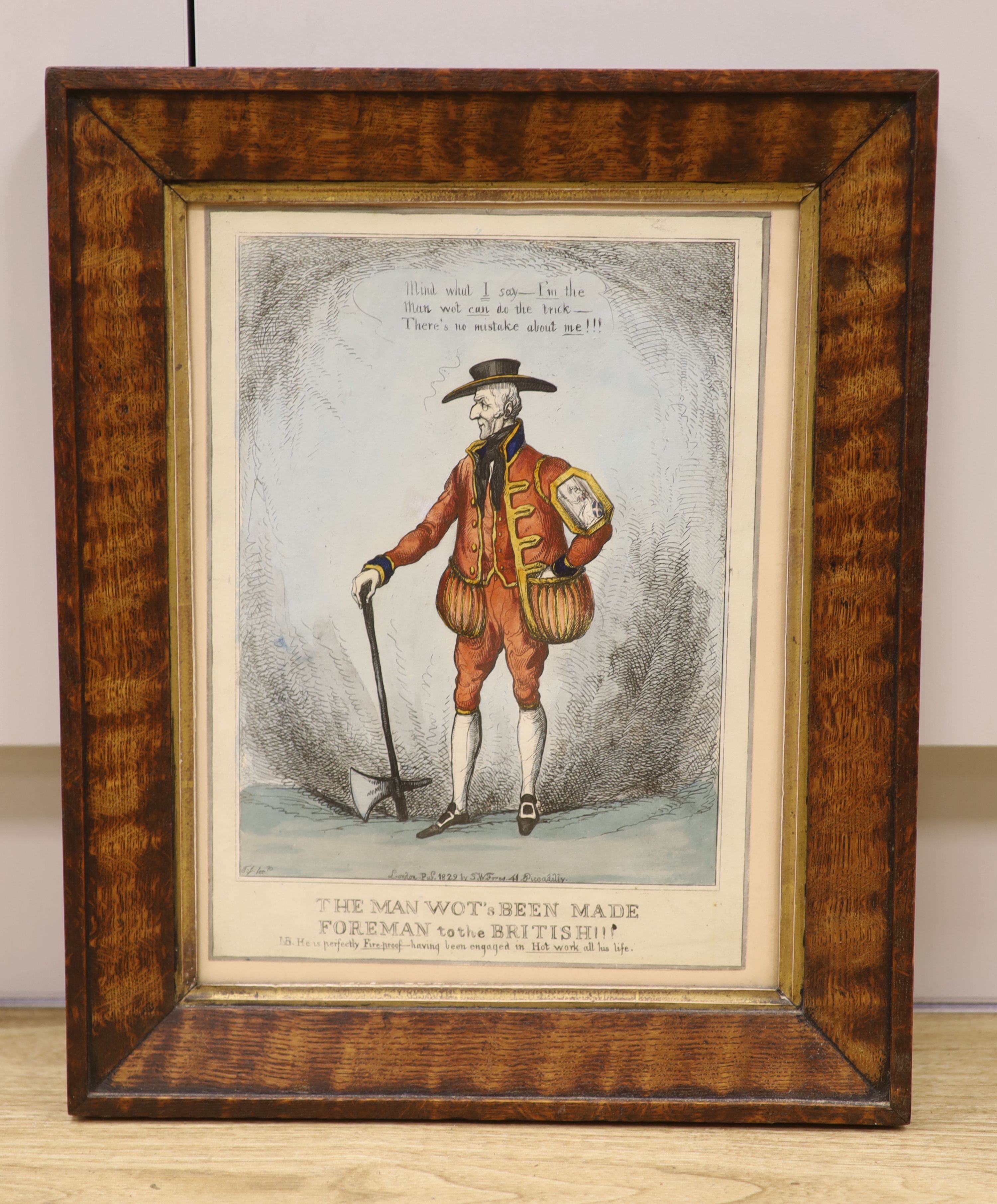 S.W. Fores publ., coloured engraving, 'The Man Wot's Been Made Foreman to the British', 34 x 24cm